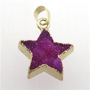 hotpink Druzy Quartz star pendant, gold plated, approx 20mm dia [GM11913]