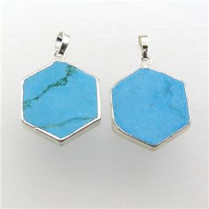 blue turquoise hexagon pendant, silver plated, approx 20mm [GM12200]