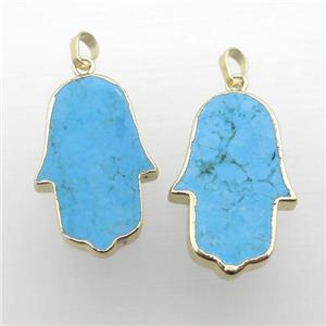 blue Turquoise hamsahand pendant, gold plated, approx 18-30mm [GM12211]
