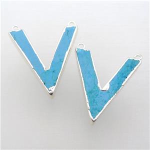 blue Turquoise pendant, letter-V, silver plated, approx 6-30mm [GM12213]