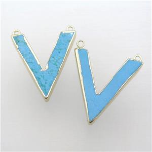 blue Turquoise pendant, letter-V, gold plated, approx 6-30mm [GM12214]