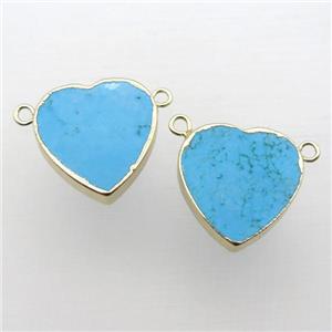 blue Turquoise heart pendant with 2loops, gold plated, approx 20mm [GM12216]