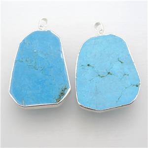 blue Turquoise slice pendant, freeform, silver plated, approx 35-55mm [GM12220]