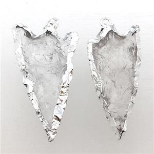 hammered Clear Quartz arrowhead pendant, silver plated, approx 25-50mm [GM12224]
