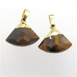 natural Tiger eye stone fan pendant, gold plated, approx 11-16mm [GM12340]