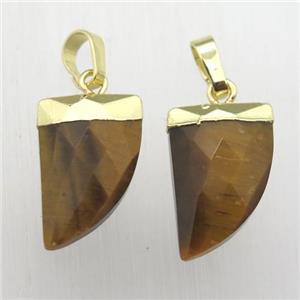 natural Tiger eye stone horn pendant, gold plated, approx 11-16mm [GM12363]