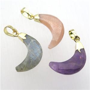 mixed Gemstone crescent moon pendant, gold plated, approx 5-18mm [GM12419]