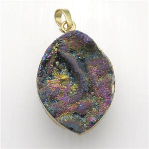 rainbow Solar Agate Druzy leaf pendant, gold plated, approx 25-35mm [GM12539]