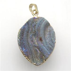 AB-color Solar Agate Druzy leaf pendant, gold plated, approx 25-35mm [GM12542]