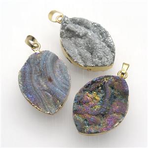 Solar Agate Druzy leaf pendant, gold plated, mix color, approx 25-35mm [GM12543]