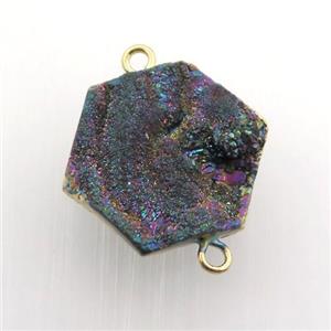 rainbow Solar Agate Druzy connector, hexagon, gold plated, approx 20mm dia [GM12563]