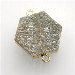 champagne Solar Agate Druzy connector, hexagon, gold plated, approx 20mm dia [GM12564]