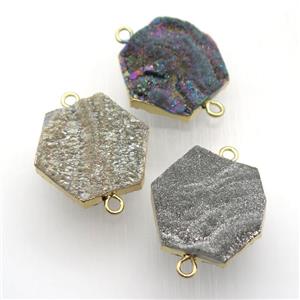 Solar Agate Druzy connector, hexagon, gold plated, mix color, approx 20mm dia [GM12567]