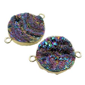 rainbow Solar Agate Druzy connector, circle, gold plated, approx 20mm dia [GM12568]