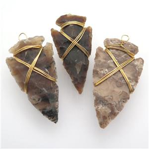 Rock Agate arrowhead pendant, wire wrapped, approx 25-50mm [GM12574]