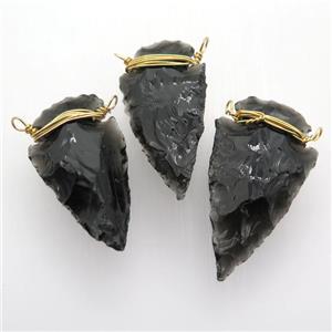 black Obsidian arrowhead pendant, wire wrapped, approx 20-35mm [GM12576]