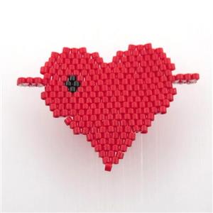 Handcraft heart connector with seed glass beads, red, approx 28mm [GM12631]