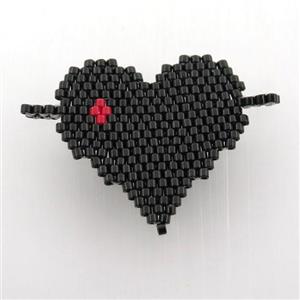 Handcraft heart connector with seed glass beads, black, approx 28mm [GM12632]