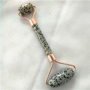 black Spotted Dalmatian Jasper Roller GuaSha Massage Tools, rose gold, approx 18-40mm, 150mm [GM12685]