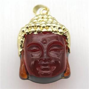 red glass Buddha pendant, gold plated, approx 25-35mm [GM12858]