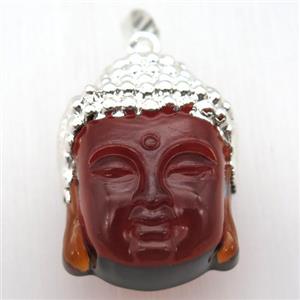 red glass Buddha pendant, silver plated, approx 25-35mm [GM12860]