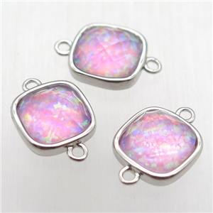 pink Fire Opal square connector, synthetic, platinum plated, approx 10x10mm [GM12868]