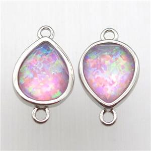 pink Fire Opal teardrop connector, synthetic, platinum plated, approx 9-11mm [GM12879]
