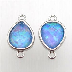 blue Fire Opal teardrop connector, synthetic, platinum plated, approx 9-11mm [GM12881]