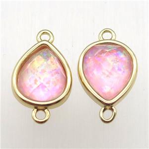 pink Fire Opal teardrop connector, synthetic, gold plated, approx 9-11mm [GM12894]