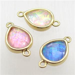 mixed color Fire Opal teardrop connector, synthetic, gold plated, approx 9-11mm [GM12895]
