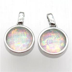 Fire Opal circle pendant, synthetic, platinum plated, approx 11mm dia [GM12896]