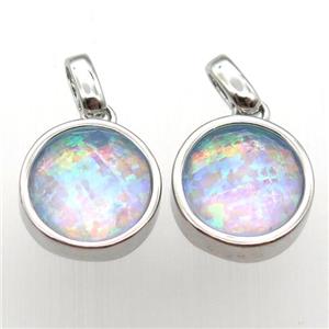 Fire Opal circle pendant, synthetic, platinum plated, approx 11mm dia [GM12898]