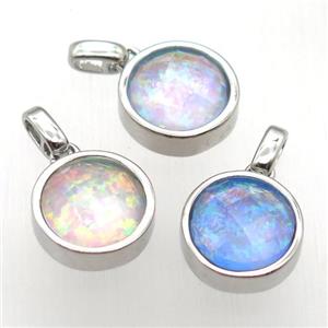 mixed color Fire Opal circle pendant, synthetic, platinum plated, approx 11mm dia [GM12900]