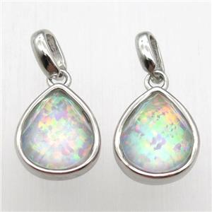 rainbow Fire Opal teardrop pendant, synthetic, platinum plated, approx 9-11mm [GM12901]