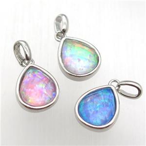 mixed color Fire Opal teardrop pendant, synthetic, platinum plated, approx 9-11mm [GM12905]