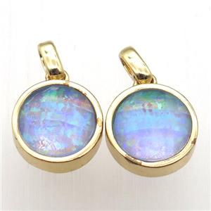 blue Fire Opal circle pendant, synthetic, gold plated, approx 11mm dia [GM12908]