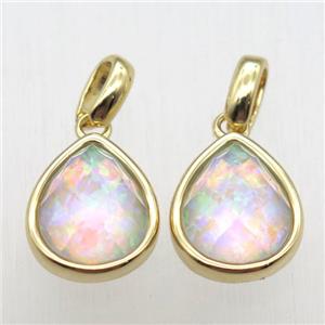 rainbow Fire Opal teardrop pendant, synthetic, gold plated, approx 9-11mm [GM12912]