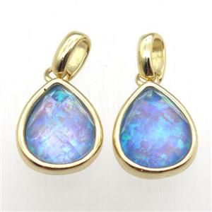 blue Fire Opal teardrop pendant, synthetic, gold plated, approx 9-11mm [GM12913]