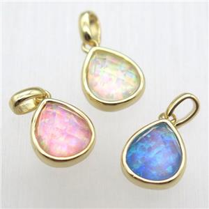 mixed color Fire Opal teardrop pendant, synthetic, gold plated, approx 9-11mm [GM12914]
