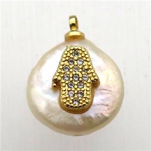 Natural pearl pendant with zircon, hamsahand, approx 10-18mm [GM12921]