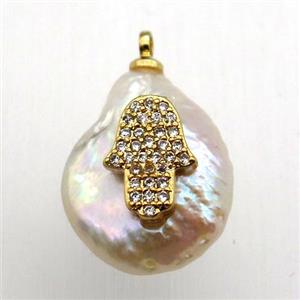Natural pearl pendant with zircon, hamsahand, approx 10-18mm [GM12922]