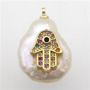 Natural pearl pendant with zircon, hamsahand, approx 10-18mm [GM12923]