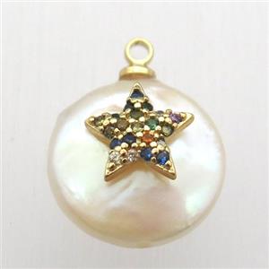 Natural pearl pendant with zircon, star, approx 10-14mm dia [GM12927]