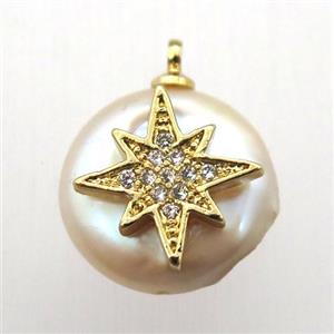 Natural pearl pendant with zircon, northstar, approx 10-14mm dia [GM12928]