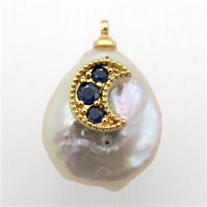 Natural pearl pendant with zircon, moon, approx 10-18mm [GM12931]