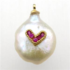 Natural pearl pendant with zircon, heart, approx 10-18mm [GM12937]