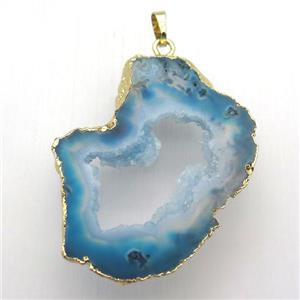 blue druzy agate pendant, freeform, gold plated, approx 25-50mm [GM12961]
