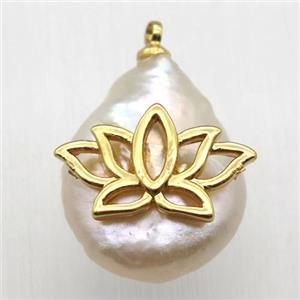 Natural pearl pendant with lotus, approx 10-16mm [GM12988]