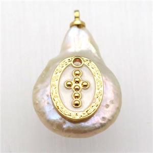 Natural pearl pendant with cross, approx 10-16mm [GM12992]