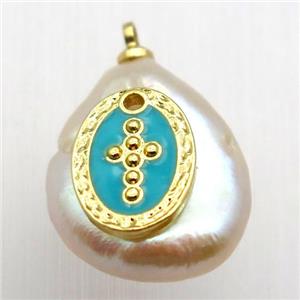 Natural pearl pendant with cross, approx 10-16mm [GM12995]
